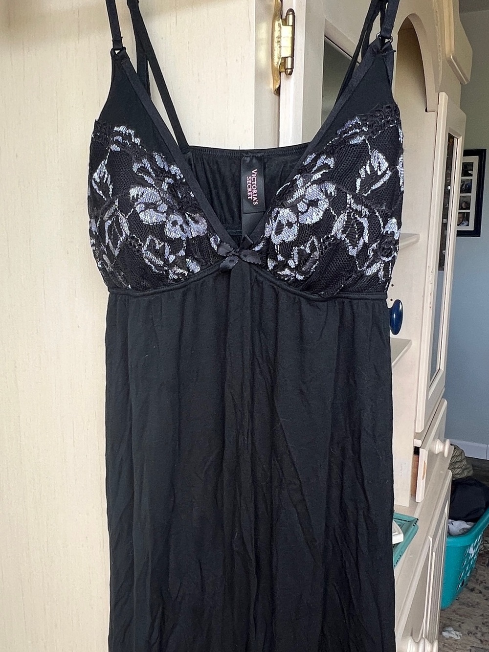 Victoria's Secret Black Lace-Trim Chemise with Floral Cups